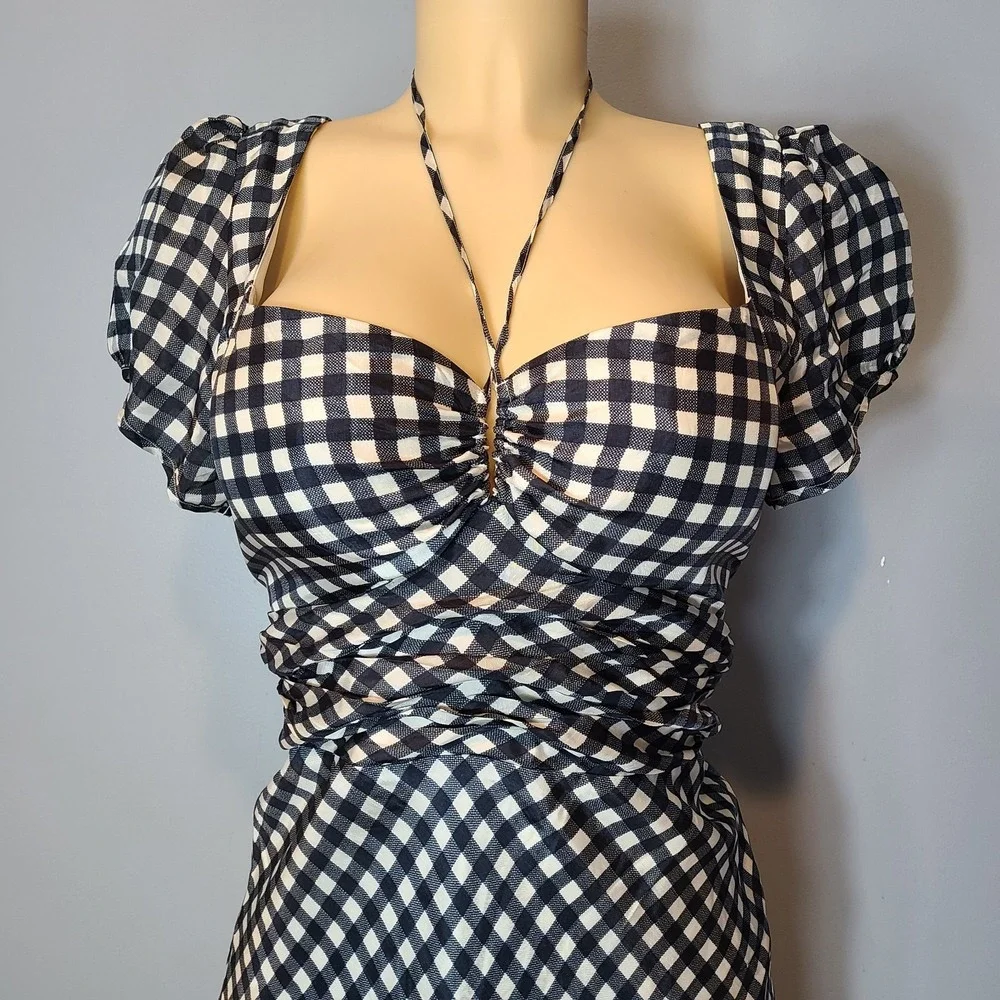 J crew collection tie neck maxi dress cap sleeve gingham black sz 12 Cottage NEW